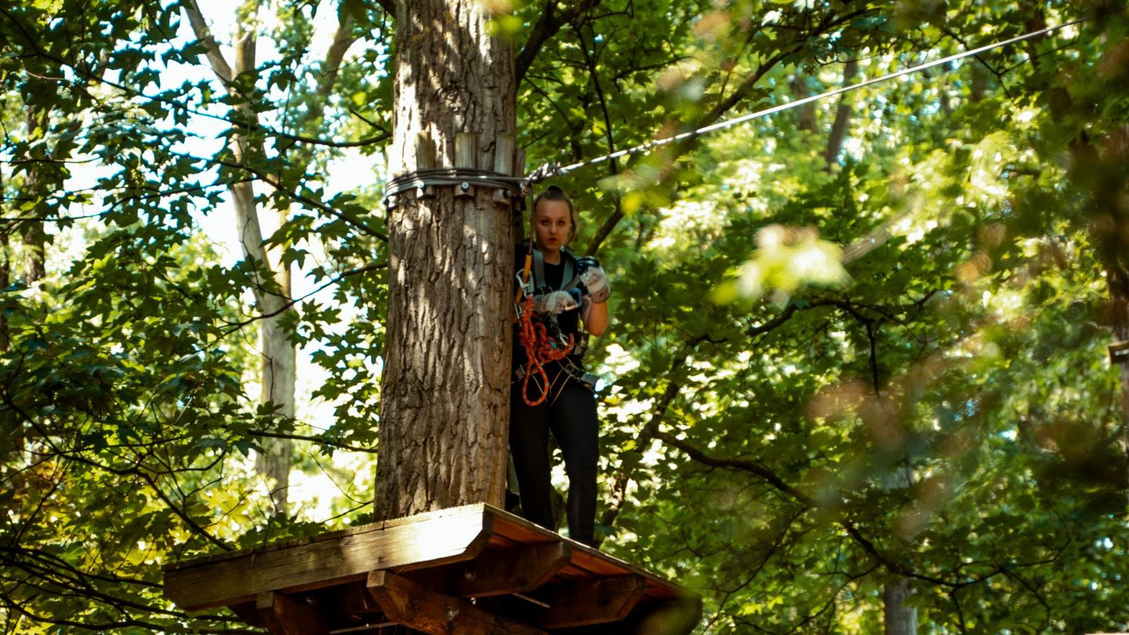 Pratiquant harnaché sur une plate-forme en bois perchée dans les arbres, prêt à s'élancer sur une tyrolienne en forêt, parc accrobranche près de Lyon