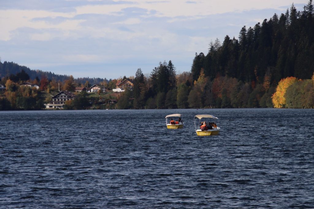 Deux petits bateaux de location sur le lac du Bourget en automne, rive boisée aux couleurs d'automne et chalets en arrière-plan
