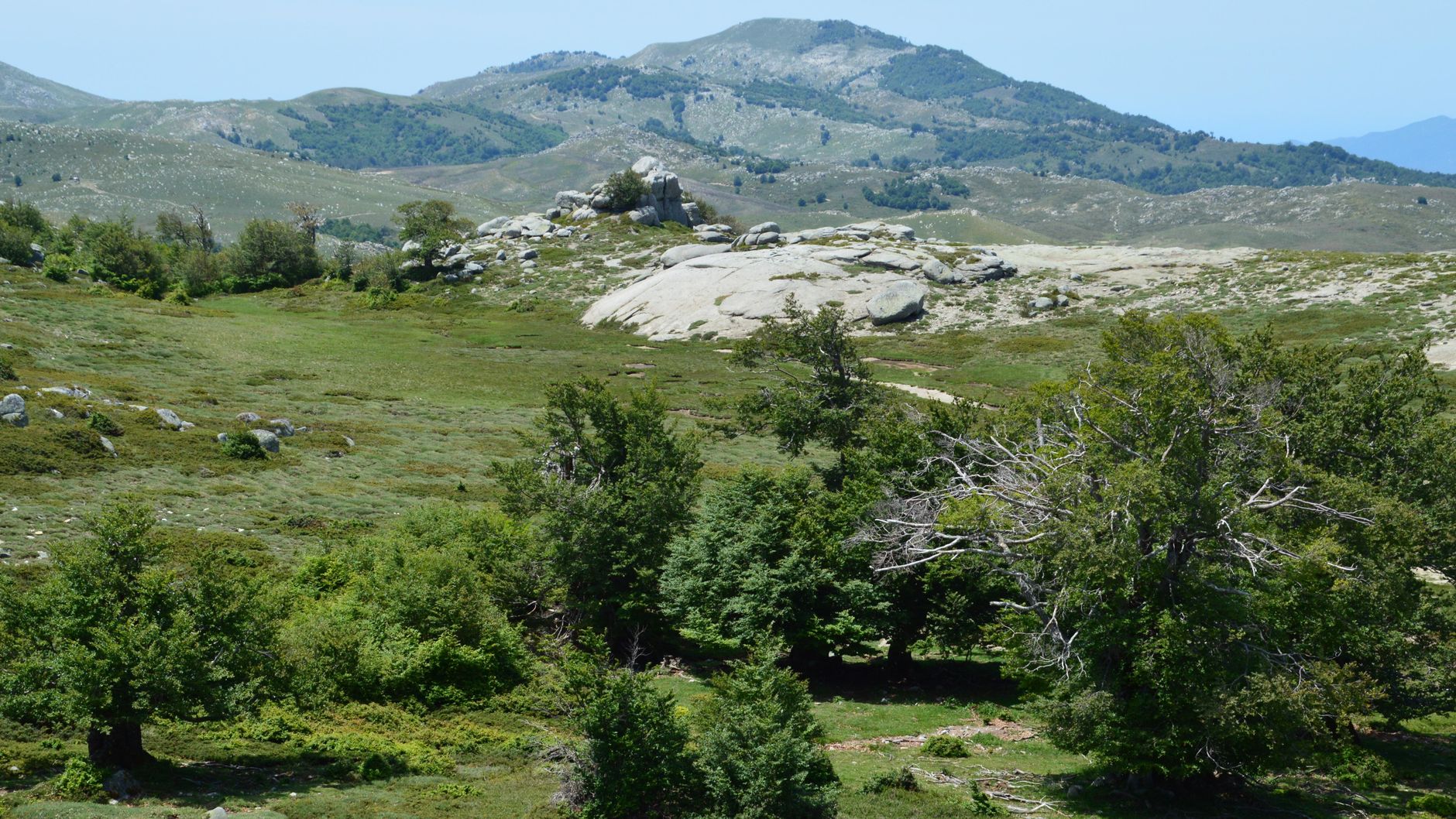 crête rocheuse de montagne en Corse sous un ciel dégagé, sentier de randonnée en altitude